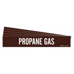 Brown adhesive pipe marker with white legend reading 'Propane Gas' for pipes with outer diameter 2-1/2 to 7-7/8 inches. Sold in a pack of 5, without directional arrows. Used to identify propane gas lines in industrial piping systems.