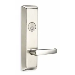 This stainless steel lever trim is designed for use with exit push bars on doors up to 48 inches wide. It features a lever outside trim and is ADA compliant. Suitable for commercial egress applications such as offices, hospitals, and schools.