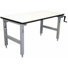 This open-base workstation features a gray laminate top measuring 60 inches by 30 inches. It supports an overall load capacity of 750 pounds, suitable for industrial assembly, inspection, and light manufacturing tasks in workshops, labs, and production lines.