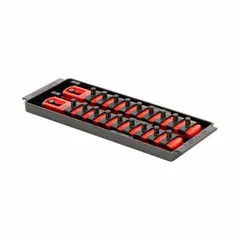 Socket tray with 18 posts for organizing sockets. Red finish. Overall width 3 5/8 in. Includes 192 I.D. stickers for labeling. Suitable for workshop and tool storage applications.
