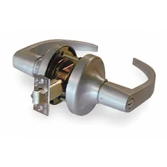 Storeroom lever lockset with ANSI F86 function, allowing free egress while restricting entry to key holders. Features a satin chromium-plated heavy gauge steel finish, SFIC compatibility, and ADA compliance. Suitable for commercial doors requiring key-controlled access and emergency exit.