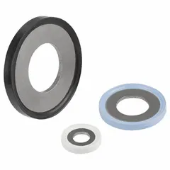 This hygienic USIT metal-bonded sealing washer is designed for M6 screw sizes, featuring a 316L stainless steel body bonded to a blue fluoroprene seal. With a 6.1 mm inside diameter, it is FDA approved and both metal and X-ray detectable, making it suitable for use in food, pharmaceutical, and chemical processing applications where contamination control and leak-proof sealing are required.