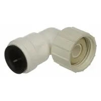 Polysulfone push-to-connect tube fitting with female garden hose thread (FGHT) for connecting 1/2 in OD tubing to 3/4 in pipe threads. Enables tool-free installation in water, air, and non-corrosive fluid systems. Suitable for industrial fluid handling applications