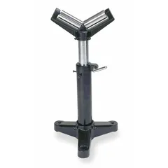 Portable V-roller stand with steel frame and gray finish. Adjustable height from 23 to 37 inches. Supports long or heavy materials such as pipes, tubing, or lumber during cutting, welding, or assembly.
