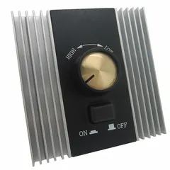 This dial fan speed control from Dayton is designed for adjusting the speed of compatible fans in HVAC and ventilation systems. It features a single-pole single-throw (SPST) configuration with two dials, operates on 120V AC input voltage, and is rated for 12 A. The unit is housed in an aluminum plate and is not reversible.