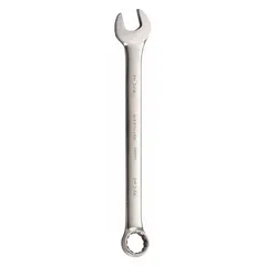 Alloy steel construction with satin finish. 12-point box end and open end for fastening and loosening bolts and nuts. Offset design provides clearance over obstructions. Suitable for maintenance and repair tasks on large fasteners.