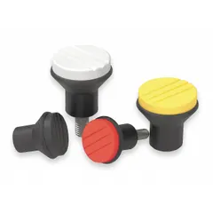 Pull knob with threaded hole, 25 mm diameter plastic body with steel M6 thread and 10 mm thread length. Used for manual gripping and pulling in machinery adjustments, jig positioning, or panel pulls.