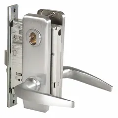 This classroom lever lockset features a satin chromium-plated stainless steel finish and a 40H escutcheon style. It is ADA compliant with an ANSI F05 function, allowing key locking from outside while permitting free egress from inside. The interchangeable core enables quick rekeying for facility management. Suitable for educational and commercial door security applications.