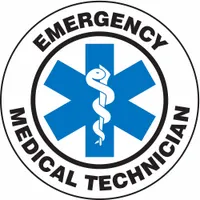 2 1/4 in diameter hard hat label with English text and engineer-grade retroreflective material. Identifies emergency medical technicians on hard hats for safety compliance. Improves visibility in low-light conditions on industrial job sites