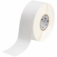 White matte-finish precut label roll for use with J4000 printer series. Label height 3 11/32 in, width 2 11/64 in, roll length 3 11/32 in. Suitable for industrial identification in cryogenic environments, such as marking pipes, containers, and equipment exposed to extreme cold.