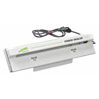 This heat sealer is designed for sealing pouches and bags in packaging operations. It accommodates poly films up to 4.5 mil thick, with a maximum seal width of 3/8 inch. The unit provides a consistent seal for industrial packaging applications
