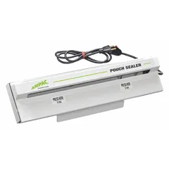 This heat sealer is designed for sealing pouches and bags in packaging operations. It accommodates poly films up to 4.5 mil thick, with a maximum seal width of 3/8 inch. The unit provides a consistent seal for industrial packaging applications.