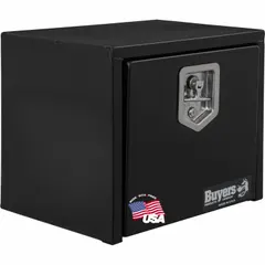 Single drop-down door box in black finish with a 15 in overall depth. Equipped with a keyed lock for secure storage. Suitable for underbody mounting on service vehicles to organize tools and equipment.