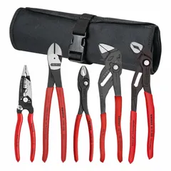 General-purpose assorted pliers set containing 5 pliers with standard cushion grip handles and manual operation. Includes a high leverage diagonal cutter and a tongue & groove plier. Supplied in a tool roll. Suitable for gripping, cutting, and adjustment tasks in maintenance and assembly.