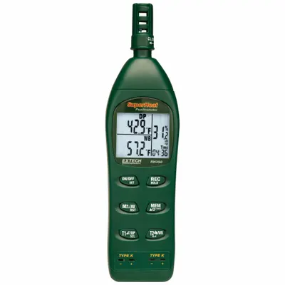 EXTECH Hygro Thermometer Psychrometer: Onboard, Included, 9 in x 2.2 in x 1.7 in - Data Logging Temperature & Humidity Meters
