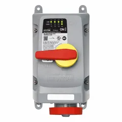 This LEVITON mechanical interlock is rated for 277/480V AC, three-phase, 30 A, 4-pole, 5-wire applications. It features Wi-Fi Remote Monitoring for status tracking and is washdown-rated for use in industrial environments requiring a lockable disconnect.