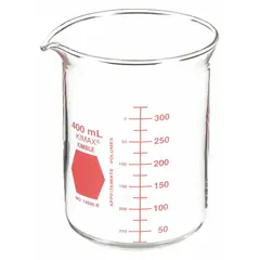 Low form beaker made from Type I borosilicate glass with a red color code for quick identification. Capacity 400 mL (13.53 fl oz). Suitable for general laboratory tasks such as mixing, heating, and measuring liquids.