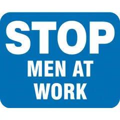 Engineer Grade retroreflective sign with blue background, 12 in x 15 in nominal size, 0.08 in thick. Used to alert workers and vehicle operators of active work zones near railway tracks in rail maintenance, construction, and industrial yard applications.
