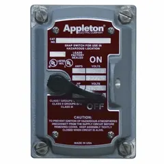 This replacement front cover with switch is designed for tumbler switches in industrial enclosures. The cover is made of malleable iron, providing mechanical protection for the switch mechanism. It is suitable for use in harsh environments where a durable cover is required.