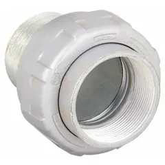 Iron straight union for connecting conduit to an electrical box. Features a 4-inch female NPT to 4-inch male NPT configuration with electroplated finish. Suitable for use in hazardous locations requiring secure conduit-to-box connections.