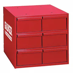 This steel cabinet features six red drawers, each with inside dimensions of 4-7/8 in x 11-1/4 in x 2-3/4 in. The stackable design allows for modular expansion in workshops, garages, and industrial facilities. Dividers are not included.