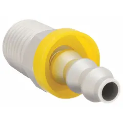 This 6061-T6 aluminum push-on barbed hose fitting is a male x male straight adapter with a 1/4 in hose barb on one end and a 1/4 in NPT male thread on the other. It is used to connect air, water, or chemical hoses to threaded ports in pneumatic and fluid-handling systems.
