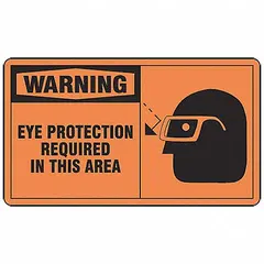 This 5-pack of adhesive vinyl signs measures 3 1/2 in x 5 in with a thickness of 0.02 in. The signs are non-retroreflective, non-glow-in-the-dark, and non-anti-slip. They are used to indicate areas where eye protection is required, typically in industrial or workplace settings.
