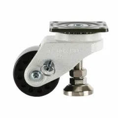 This general purpose leveling plate caster features a 75 mm nylon tread wheel and a white frame. With a mounting height of 110 mm and a load capacity of 1,543 lb, it is suited for industrial material handling, shelving, and light-duty machinery. The leveling plate allows adjustment on uneven floors, and the nylon tread provides quiet operation in clean environments.