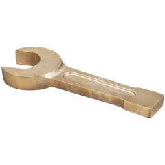 This AMPCO striking open end wrench is made from aluminum-bronze alloy with a natural finish. It has a 15/16 in head size and an overall length of 8 in. The nonsparking property makes it suitable for use in hazardous environments where ignition from sparks must be avoided.