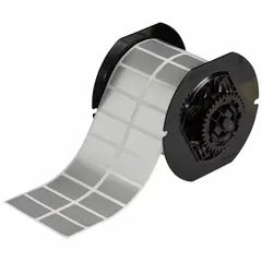 This precut label roll measures 1 1/2 in x 3/4 in and is made of metalized polyester with a silver finish. It is halogen-free and compatible with the Brady i5300 printer series. Typical applications include asset tagging, cable marking, and general industrial identification where durable labels are required.