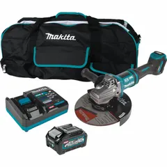 This cordless angle grinder kit features a brushless motor, standard head, and rat tail grip. It operates on a 40V DC battery system with a 4.0 Ah capacity and includes an electric brake. Suitable for cutting and grinding on metal, concrete, and masonry in industrial fabrication, construction, and maintenance tasks.