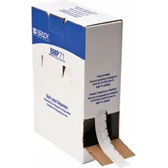 Precut wraparound label for permanent identification of wires from 16 AWG to 10 AWG. Made of vinyl with a white matte finish. Compatible with M610 printer series and requires M7-R4300 ribbon. Used in electrical panels, control cabinets, and maintenance applications.