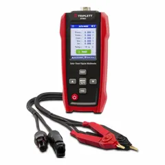 The TRIPLETT SPM60 is a digital multimeter designed for use with solar analyzers. It features a dot matrix display for clear readouts and includes an MC4 test cable for connecting to photovoltaic system components. This instrument is used to measure electrical parameters such as voltage and current in solar panel installations.