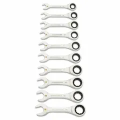 This 10-piece set includes metric combination wrenches with a full polish chrome finish and 12-point ratcheting box ends. The wrenches range from 10 mm to 19 mm, allowing for tightening or loosening fasteners in confined spaces without repositioning.