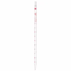 Borosilicate glass serological pipette with 5 mL capacity and 0.1 mL graduation increments. Non-sterile and non-pyrogenic. Used for precise liquid measurement and transfer in general laboratory applications such as media preparation and reagent addition.