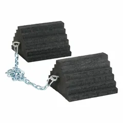 Set of 2 rubber wheel chocks without handles. Supports vehicles up to 10,000 lb and wheels up to 55 in diameter. Used to secure parked vehicles in loading docks, industrial yards, and maintenance areas to prevent unintended movement.
