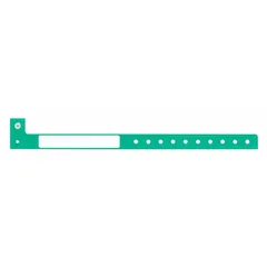 Green plastic security wristband for temporary identification and access control. Blank surface allows custom labeling or marking. Pack of 500, each 10 inches long and 1 1/4 inches wide.