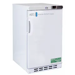 Undercounter lab refrigerator with 2.5 cu ft capacity, maintaining 1°C to 10°C. White finish, swing solid door opening right. Includes temperature alarm. Uses R-600a refrigerant. Overall depth 22 3/4 in. Suitable for storing temperature-sensitive biological samples, reagents, and pharmaceuticals in laboratory settings.