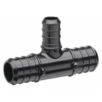 Polymer crimp-on barbed tee fitting with 3/4 in inside diameter and barbed x barbed x barbed connection type. Designed for use with PEX tubing systems employing a crimp connection method. Used to create branch connections in plumbing lines