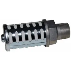 Aluminum muffler designed for air-operated double-diaphragm (AODD) pumps to reduce exhaust noise. Features a 3/4 in NPT thread for connection. Compatible with Dayton brand pumps.
