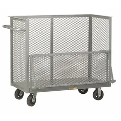 This steel box truck features a drop-gate design for easy loading and unloading of heavy items. It has a flat polyurethane surface and two rigid casters for stable transport. Suitable for moving materials in warehouses, distribution centers, and manufacturing facilities.