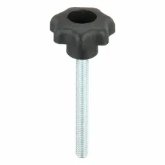 7-arm knob with threaded stud for manual adjustment and clamping. Plastic body with steel thread insert. M5 thread, 45 mm thread length, 25 mm diameter.