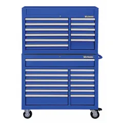 Heavy-duty top chest and rolling cabinet combo with 24 drawers, keyed locking system, and ball bearing drawer slides. Blue powder-coated finish. Top chest measures 41-1/2 in W x 18-5/8 in D x 26-7/8 in H. Suitable for organized storage of tools and parts in workshops and garages.