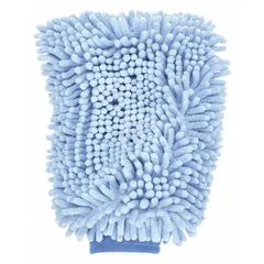 This blue polyester scrubbing mitt has an 8-inch outside diameter and 1-inch thickness. It is used for manual vehicle washing and cleaning, providing effective scrubbing without scratching surfaces.