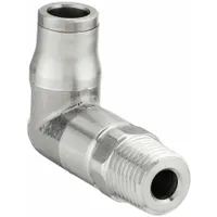 This LEGRIS tube fitting is a stainless steel push-to-connect elbow with a BSPT threaded end. It connects 10 mm OD tubing to a 1/4" BSPT port, forming a 90-degree turn in pneumatic or fluid systems. The silver finish resists corrosion in industrial environments