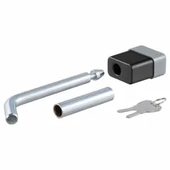 This receiver lock is made of steel with a chrome-plated silver finish. It includes two keys and is designed to secure a trailer hitch receiver, preventing theft of the hitch or ball mount. Suitable for towing applications with standard receivers.