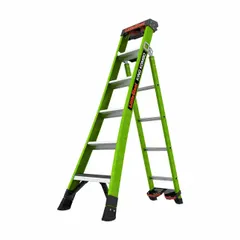Fiberglass leaning and extending multifunction ladder with 375 lb load capacity and 27 lb weight. Includes rotating wall pad for stability. Suitable for industrial maintenance, construction, and facility access tasks requiring a versatile ladder.