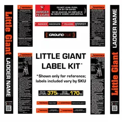 This label kit contains safety and hazard labels in English, intended for use on combo ladders. The labels serve as replacements for worn or missing warning and rating labels to help maintain proper ladder identification and safe operation.