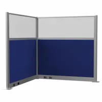 This modular cubicle wall system consists of 4 fabric-covered panels in Royal Blue with a fluted window style. Overall dimensions are 72 inches in height and 72 inches in width. Suitable for creating partitioned workstations in open-plan offices or administrative areas