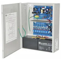 This power supply board with steel enclosure operates on 115V AC input and provides regulated 12VDC at 3.5A or 24VDC at 3A output. It is suited for use in access control, security, and automation systems requiring a dependable DC power source